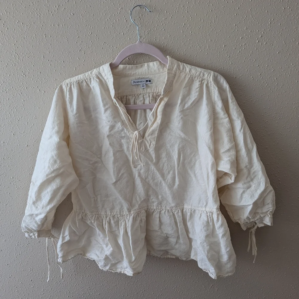 J.W. Anderson Uniqlo White Linen Blend Peasant Blouse Sz Xs - Picture 2 of 6